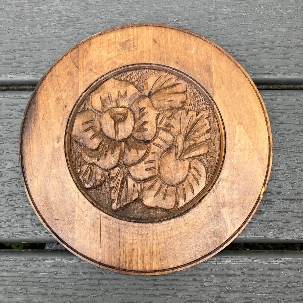 Vintage Bulgarian wood floral hand carved decorative plate, cottagecore